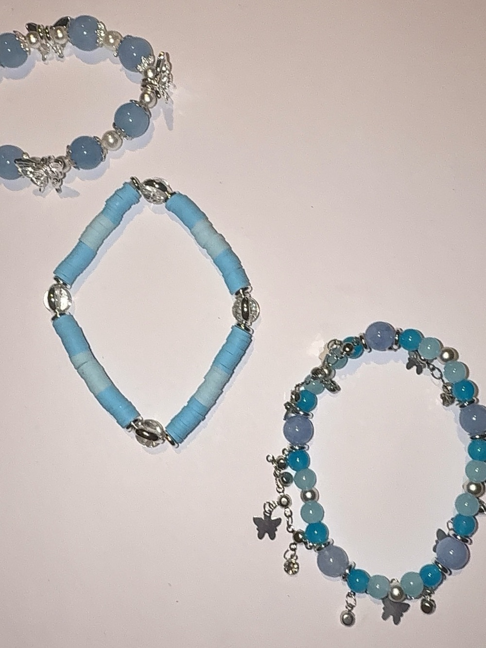 Blue Butterfly Beaded Stretch Bracelet Set – 3pc Heishi, Crystal & Charm Stack